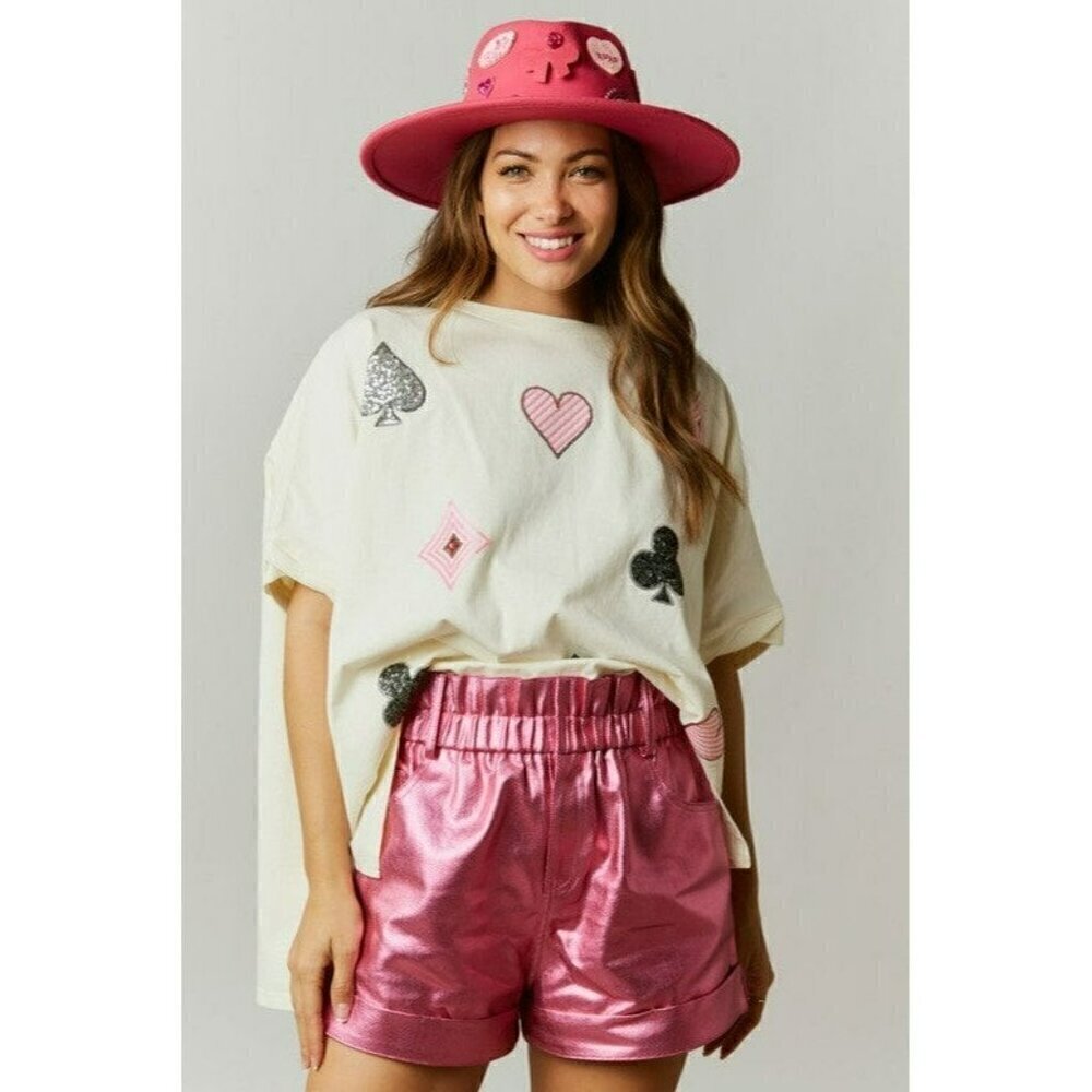 Poker Face Oversized Sequin Top in Cream - Picture 2 of 8